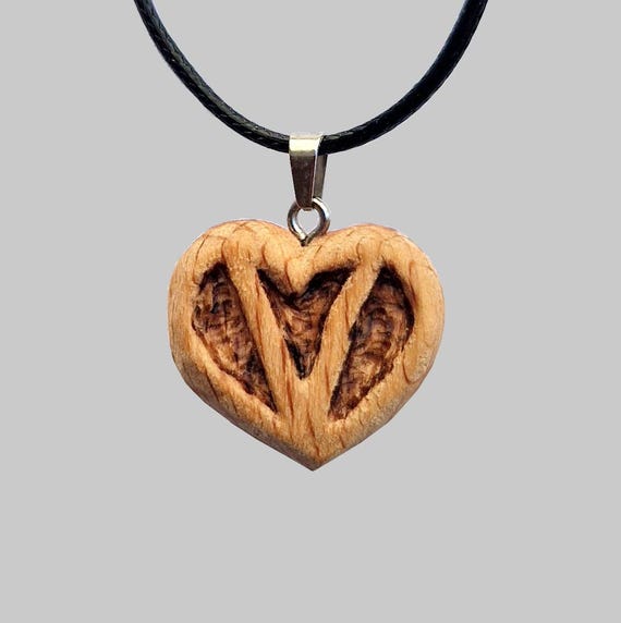 Personalized Wooden Heart Pendant With Initial V, Handmade Wood