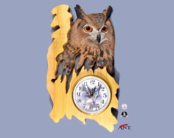 木製壁掛け時計ユニークな特大フクロウ彫刻、壁装飾カスタム