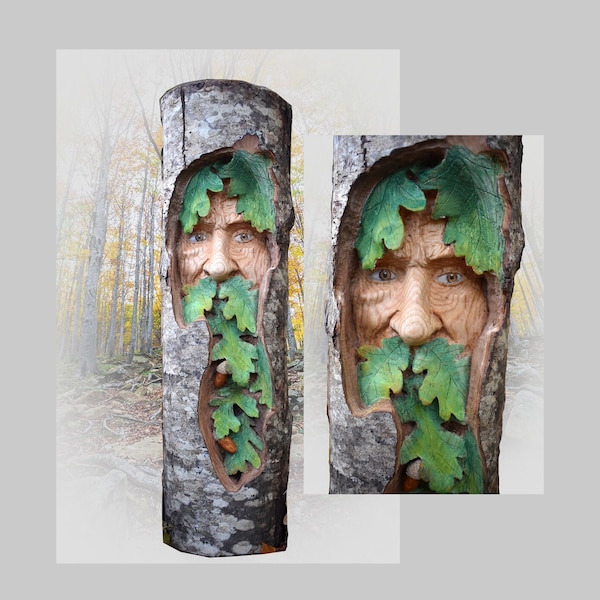 Wood forest spirit carving greenman wall hanging Italian chestnut tree face with oak leaves, handcarved sculpture wood wall art