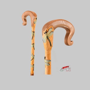 Carved dragonflies wood walking cane,Shepherd Crook handle relief carving,hand carved cane for insect lovers,rustic walking stick