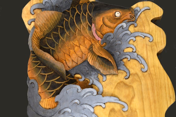 Koi Carp Japanese Art Wood Wall Hanging Wall Art Decoration