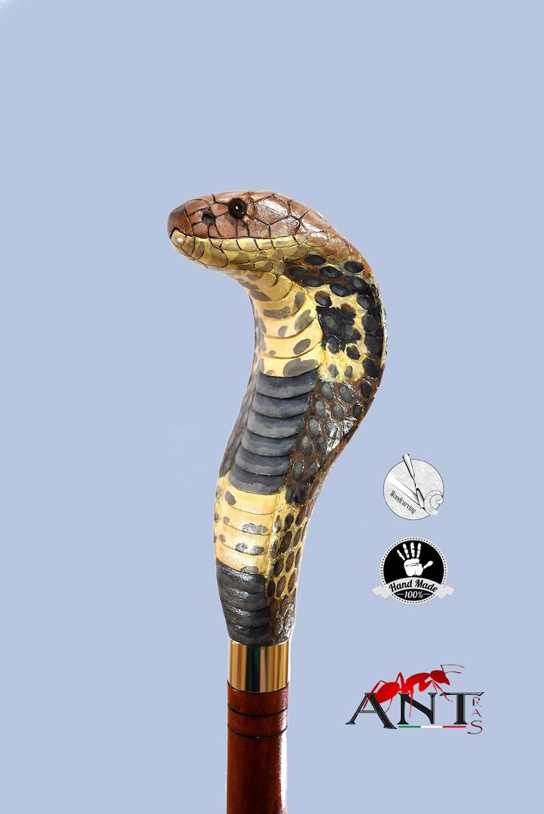 Common cobra snake wooden walking stick, hand carved cane art wood snake sculpture, snake walking stick for sale image 4