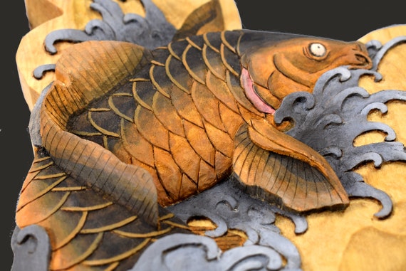 木彫り　鯉　carp fish レトロアンティーク　置物 Koi Carp Japanese Art Wood Wall Hanging Wall Art Decoration