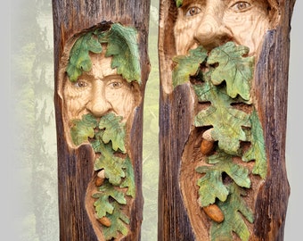 Wood forest spirit carving greenman wall hanging Italian chestnut tree face with oak leaves, handcarved sculpture wood wall art