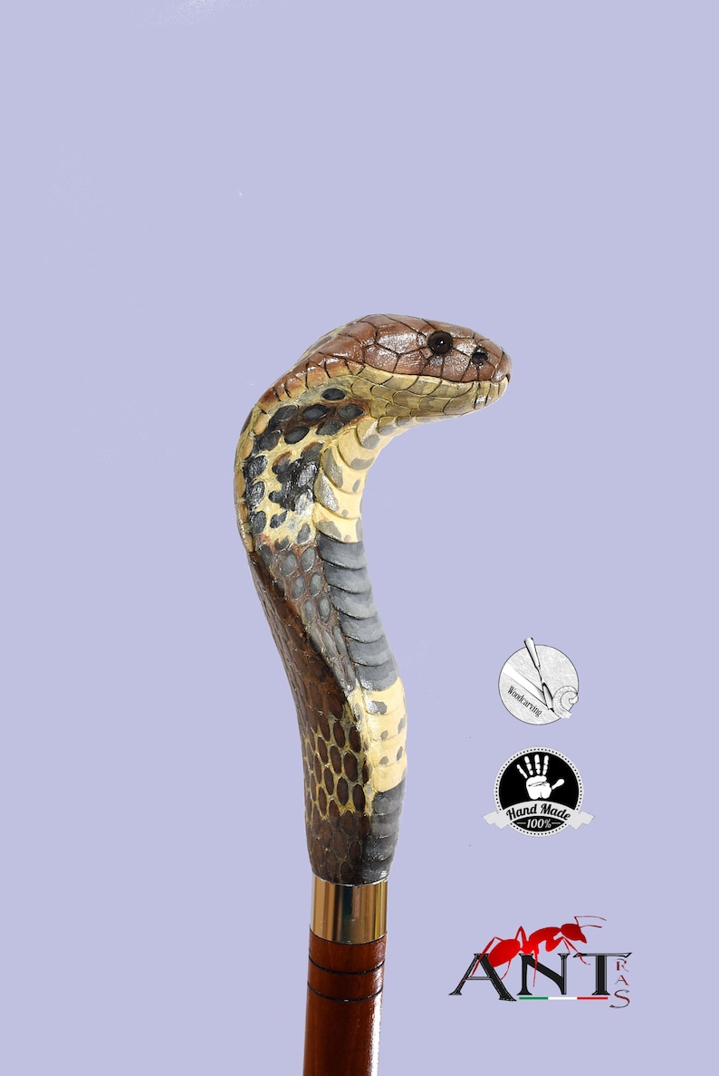 Common cobra snake wooden walking stick, hand carved cane art wood snake sculpture, snake walking stick for sale image 8