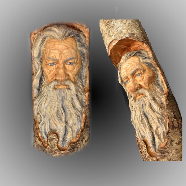 Décor du seigneur des anneaux Gandalf, sculpture d'esprit en bois de châtaignier, article fait à la main, sculpture d'art mural en bois sculpté