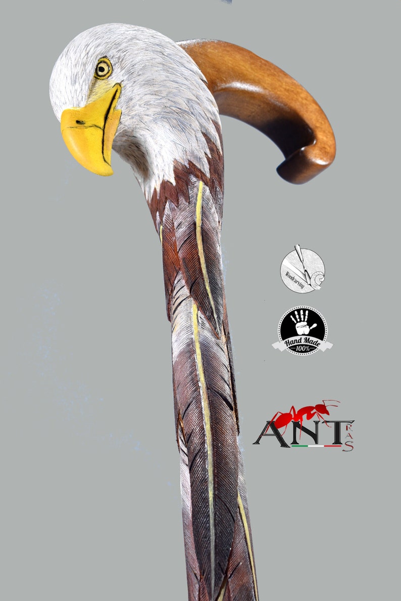 Wooden bald eagle with feathers in relief walking Etsy