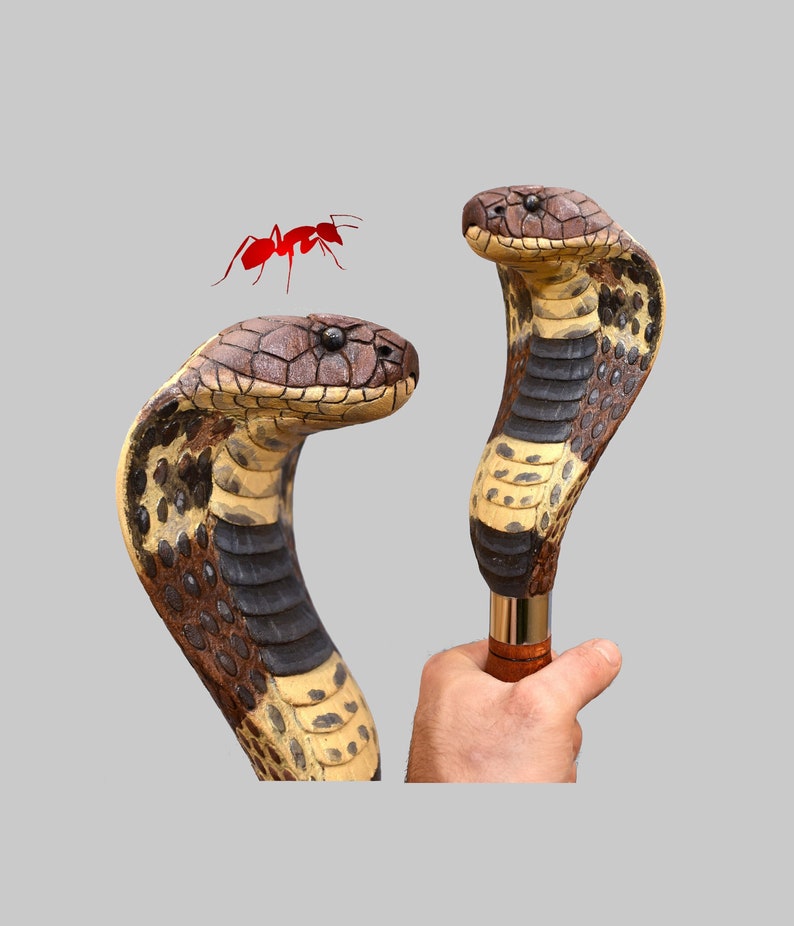 Common cobra snake wooden walking stick, hand carved cane art wood snake sculpture, snake walking stick for sale image 1