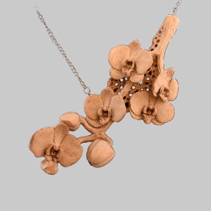 Wooden natural orchid flowers branch large choker, grandma gifts necklace