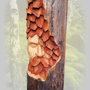 Wood spirit carving green man Italian chestnut tree face, carved wood wall art leaf face wooden wall hanging design, handcarved sculpture