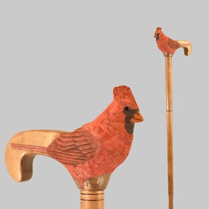 custom wood walking cane, realistic red cardinal wood bird, hand carved cane for bird lovers