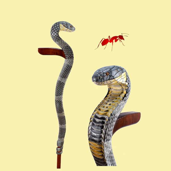 Bastón de madera para caminar de serpiente rey cobra, cuerpo completo, escultura de serpiente de madera tallada a mano, bastón de serpiente a la venta