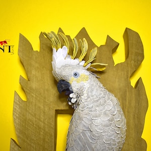 Schwefel-Crested Kakadu Papagei Holz Papier Vogel Skulptur, weiße Kakadu Skulptur realistische 3D Papier Papagei Feder Wand gehängt Kunstskulptur