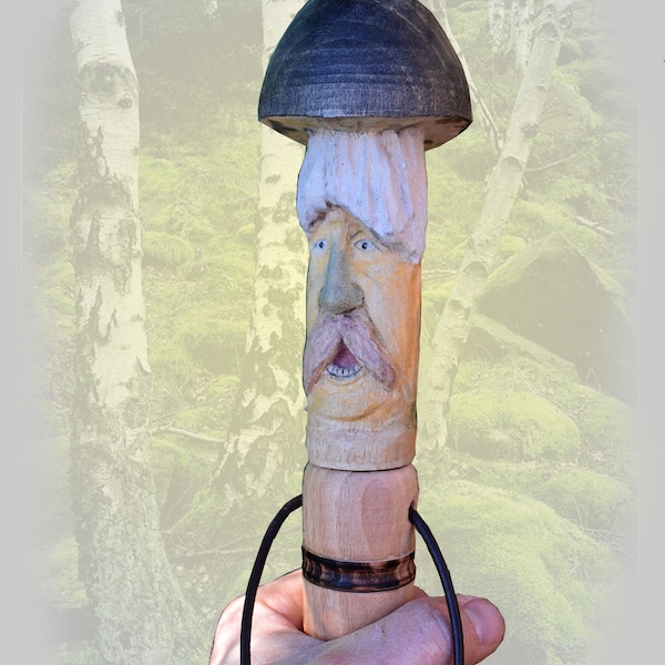 Mushroom woodspirit carving hiking sticks for sale, functional art Hiking Stick by AntSarT