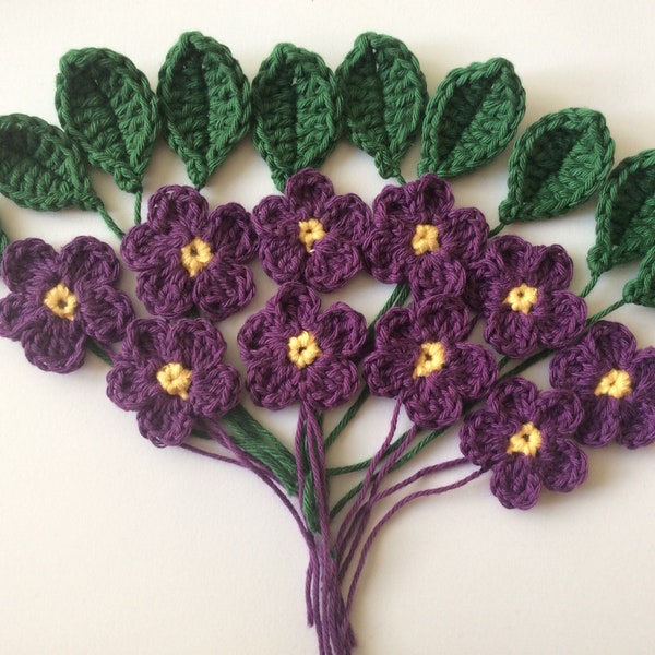 African violets and leaves. Set of 20. Crochet, scrapbook, crafts, card making, applique, embellishments