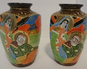 Antique Japanese Satsuma Moriage Hand Painted Pair of Vases