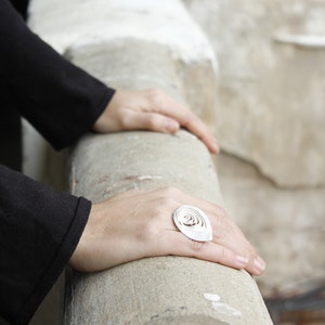 May include: A silver ring with a spiral design. The ring is worn on the finger of a person's hand.