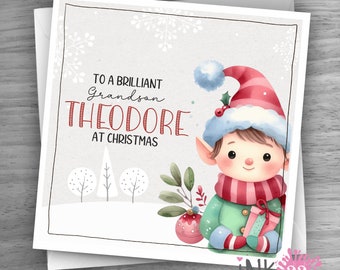 Personalised Kids Elf Christmas card, Add any name, for Brother, Nephew, Son, Grandson, Great Grandson etc... personalized