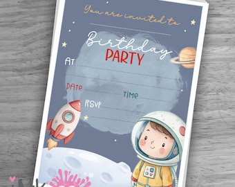 10 Space Birthday Invitations - With Envelopes  - Boys Party - Linen card