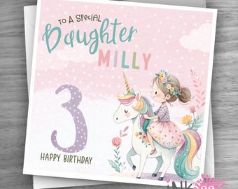 Personalised Birthday Card, Pastel unicorn, Daughter, Granddaughter, Niece, Sister 1st, 2nd, 3rd, 4th personalized