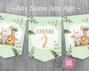 Personalised Birthday Banner Bunting 1st 2nd 3rd 4th Birthday Decorations Jungle animals Green personalized