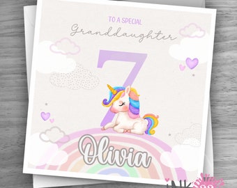 Personalized Rainbow Unicorn Birthday Card: Linen Texture personalized