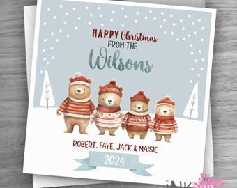 Personalised Cute Christmas card pack of 10 from the family - Add all members as a bear character personalized