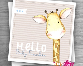 Personalised New Baby Boy Girl card 'Hello Giraffe' Hand drawn, cute design personalized