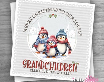 Personalised Christmas card to the Grandchildren, Grandson, Granddaughter Add all the kids as Penguins. personalized