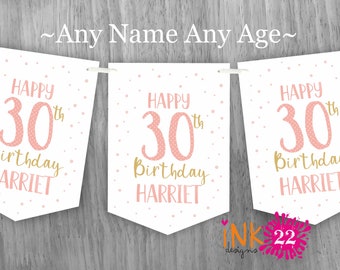 Personalised Birthday party decoration banner bunting garland Milestone 18th, 21st, 30th, 40th, 50th, 60th