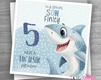 Personalised Shark Birthday card, 4th 5th 6th 7th 8th Boys cute , Son, Grandson, Nephew, Brother, Great Grandsonpersonalized
