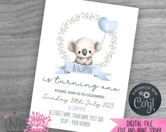 Editable Digital First Birthday Invitation - Boys Blue Baby Koala - DIY Printable - 1st birthday party invite