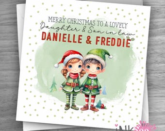 Personalised Christmas Card for couple, Son & Daughter in Law, Grandson and Fiancée, Brother and Girlfriend Sister and Brother in law Elves