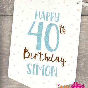 May include: White banner with blue polka dots and brown text. The banner says "Happy 40th Birthday Simon".