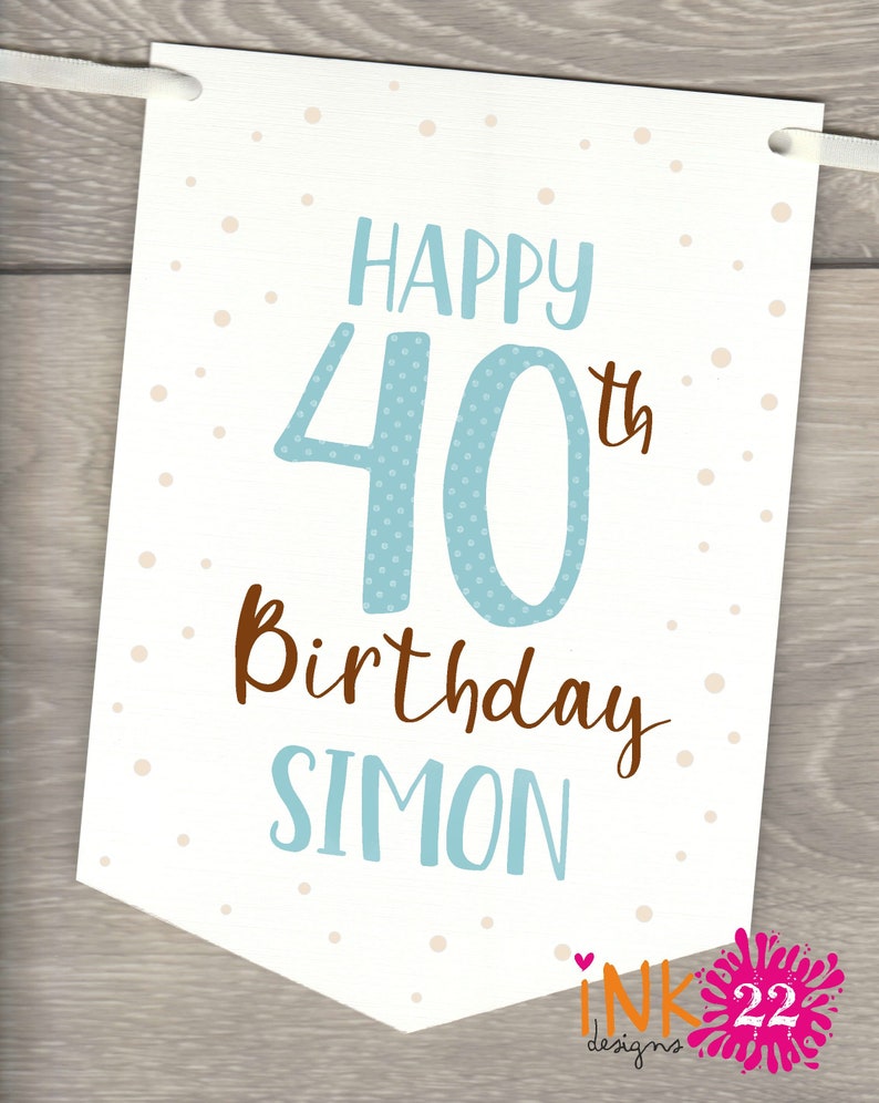May include: White banner with blue polka dots and brown text. The banner says "Happy 40th Birthday Simon".