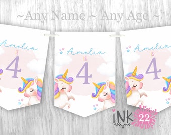 Personalised Birthday Party Banner, Bunting Flags 1st 2nd 3rd 4th 5th 6th 7th 8th Birthday Unicornpersonalized