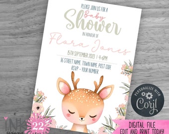Editable Digital Baby Shower Invitation - Girs Baby Deer Floral - DIY Printable - New Baby party invite