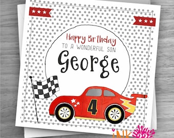 Personalized Race Car Birthday Card: Handmade Linen Cardpersonalized