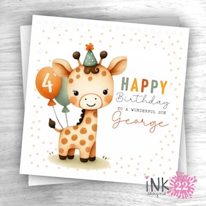 Personalised Birthday Card, Giraffe, Son, Grandson, Nephew, Brother, 1st, 2nd, 3rd,4th personalized