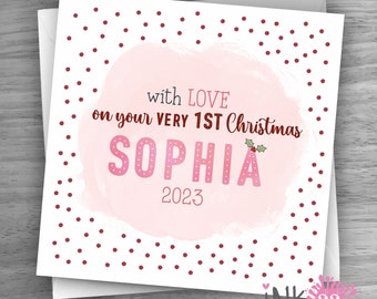 Personalised Christmas card New baby Boy Girl, Baby's 1st First Christmas Cute Pink or Blue 2023