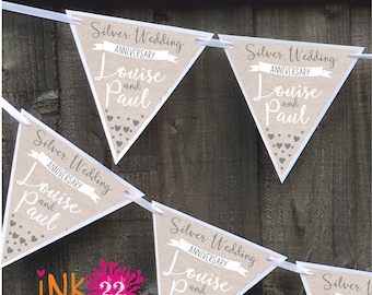 Personalised party decoration banner bunting garland Silver 25th wedding anniversary
