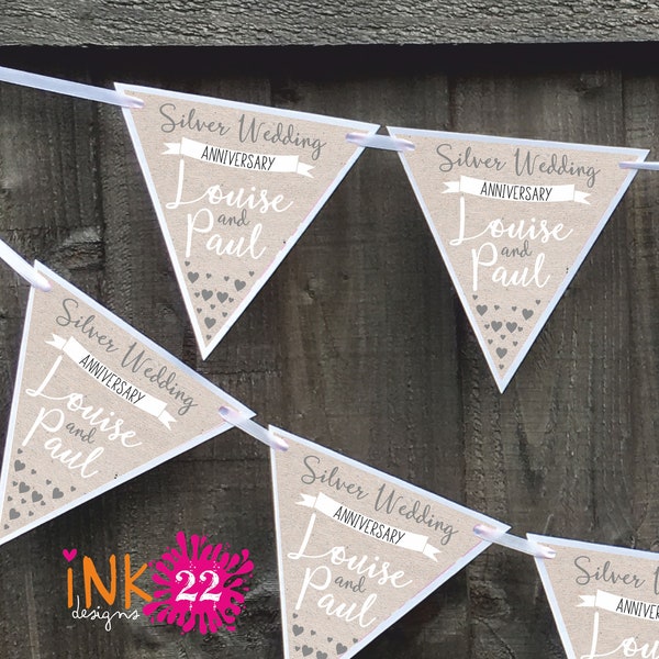 Personalised party decoration banner bunting garland Silver 25th wedding anniversary