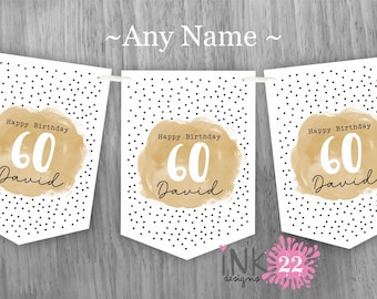 Personalised Birthday party decoration banner bunting garland Milestone 18th, 21st, 30th, 40th, 50th, 60th Gold Purple Blue Pinkpersonalized
