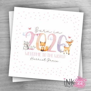 Personalised Greetings card New Baby Boy Girl Animals Born in 2026 2025, cute design personalized
