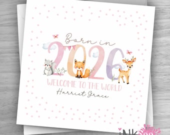Personalised Greetings card New Baby Boy Girl Animals Born in 2026 2025, cute design personalized