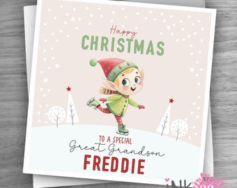 Personalised Kids skating elf Christmas card, Add any name, for Brother, Nephew, Son, Grandson, Great Grandson etc... personalized