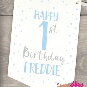 May include: White banner with blue polka dots and the text "Happy 1st Birthday Freddie" in blue and gray lettering.