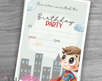 10 Superhero Birthday Invitations - With Envelopes  - Boys Party - Linen card