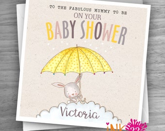 Personalised Baby Shower Congratulations card, New Mum, Mummy, Baby, 'Bunny Umbrella' personalized