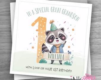 Personalised Raccoon Birthday card, 1st 2nd 3rd 4th 5th 6th 7th 8th Boys cute , Son, Grandson, Nephew, Brother, Great Grandson personalized